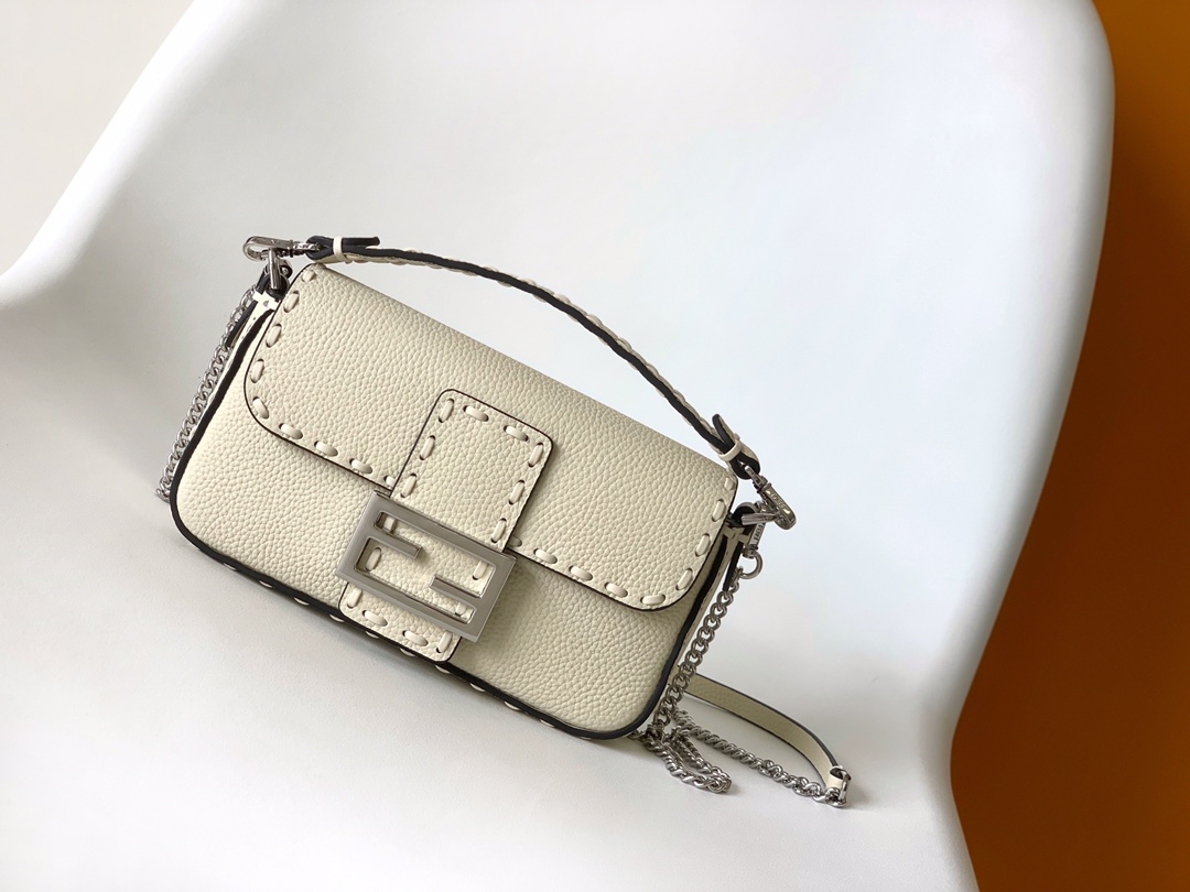 Fendi Mini Baguette Selleria With 309 Hand-sewn Topstitches Shoulder Bag Beige